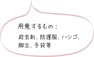 用意するもの:殺虫剤、防護服、ハシゴ、脚立、手袋等